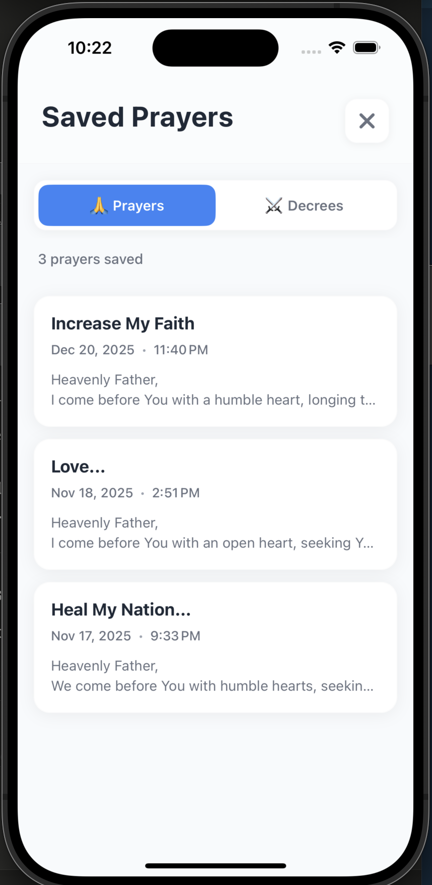 Saved Prayers screen showing a list of saved prayers with titles and dates